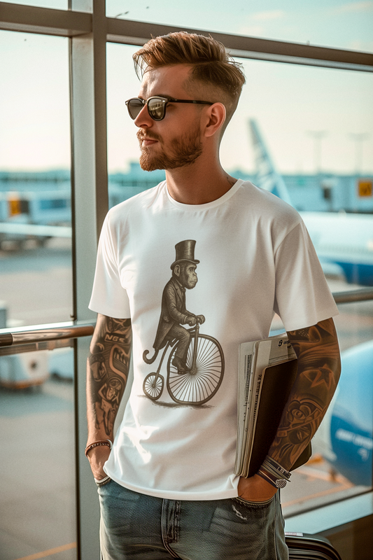 Monkey on a Penny Farthing organic cotton t-shirt